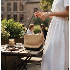 The SAK Elliott Lucca Crochet Shoulder Bag Beige w/ Brown Leather Accents 290J